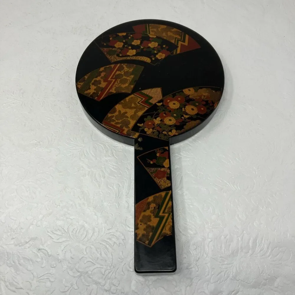 VTG Otagiri Nesting Double Hand Mirror Handles Black Lacquer 11” Diameter  Japan
